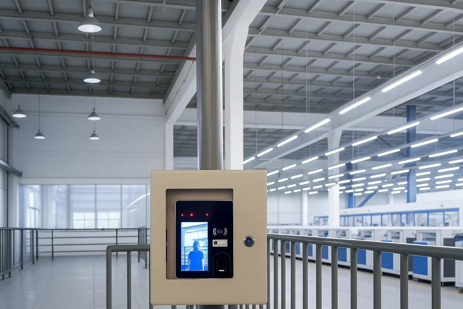 máy chấm công khuôn mặt bên trong nhà xưởng